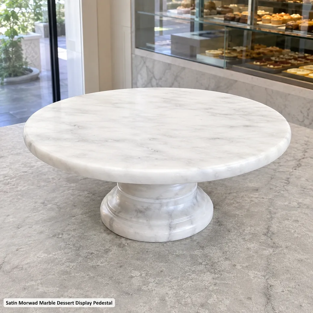 Morwad marble cake pedestal on pale stone, near-overhead view highlighting broad top and satin grey veining.