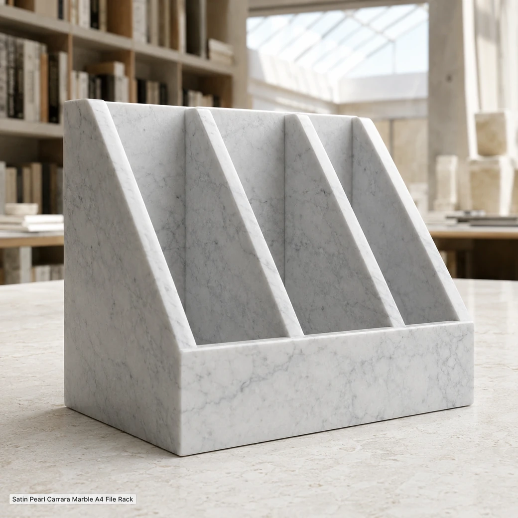 Low front-left Carrara A4 file organizer on limestone with pearl grey-white satin stone compartments.