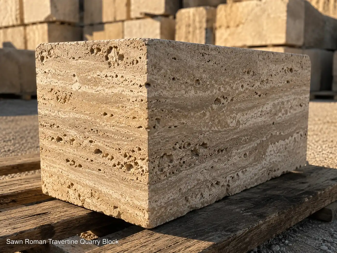 Sawn Roman travertine quarry block on timber skids, photographed low with stacked stone in the distance
