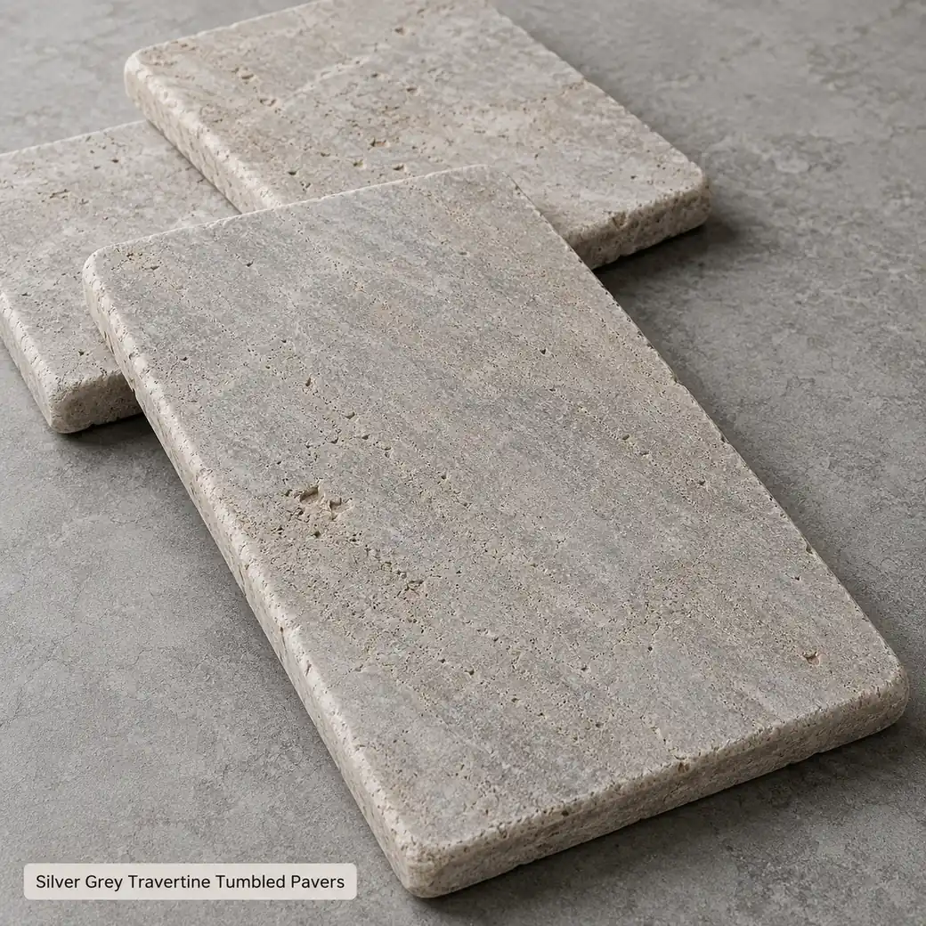 Silver grey travertine tumbled pavers with warm beige veining and softened edges