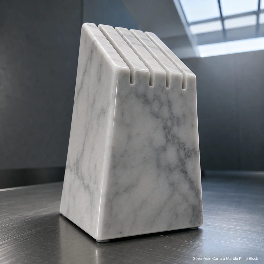 Silver-vein Carrara knife block on dark metal worktop, low rear view showing empty slots and polished stone depth.