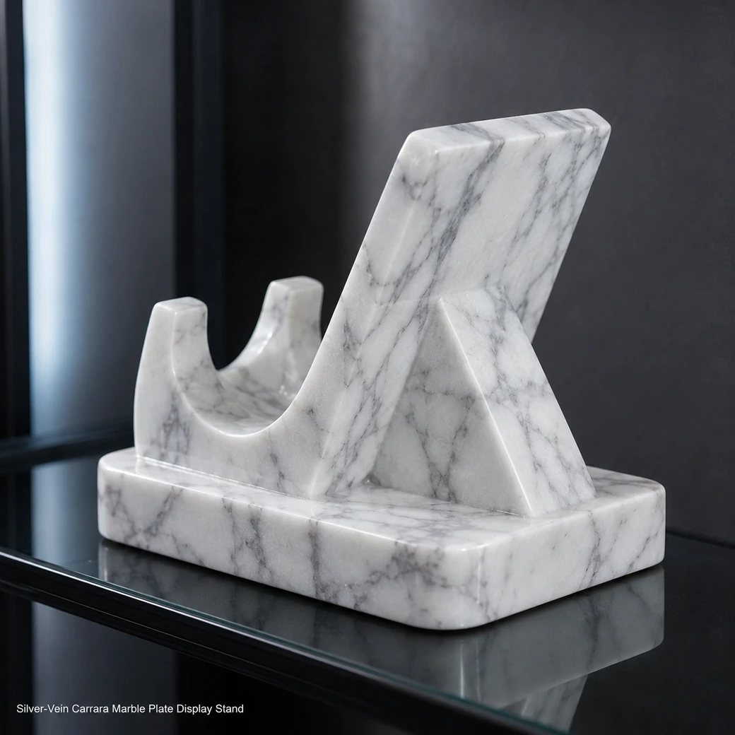 Silver-vein Carrara plate stand on smoked glass shelf, rear three-quarter view showing polished groove and support.