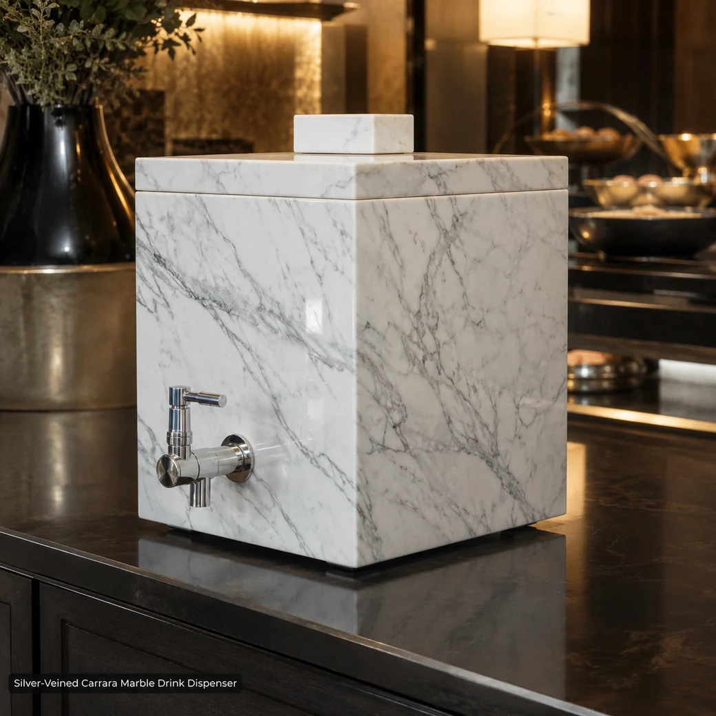 Silver-veined Carrara drink dispenser on dark hotel buffet, low left view showing polished body, lid and steel tap.