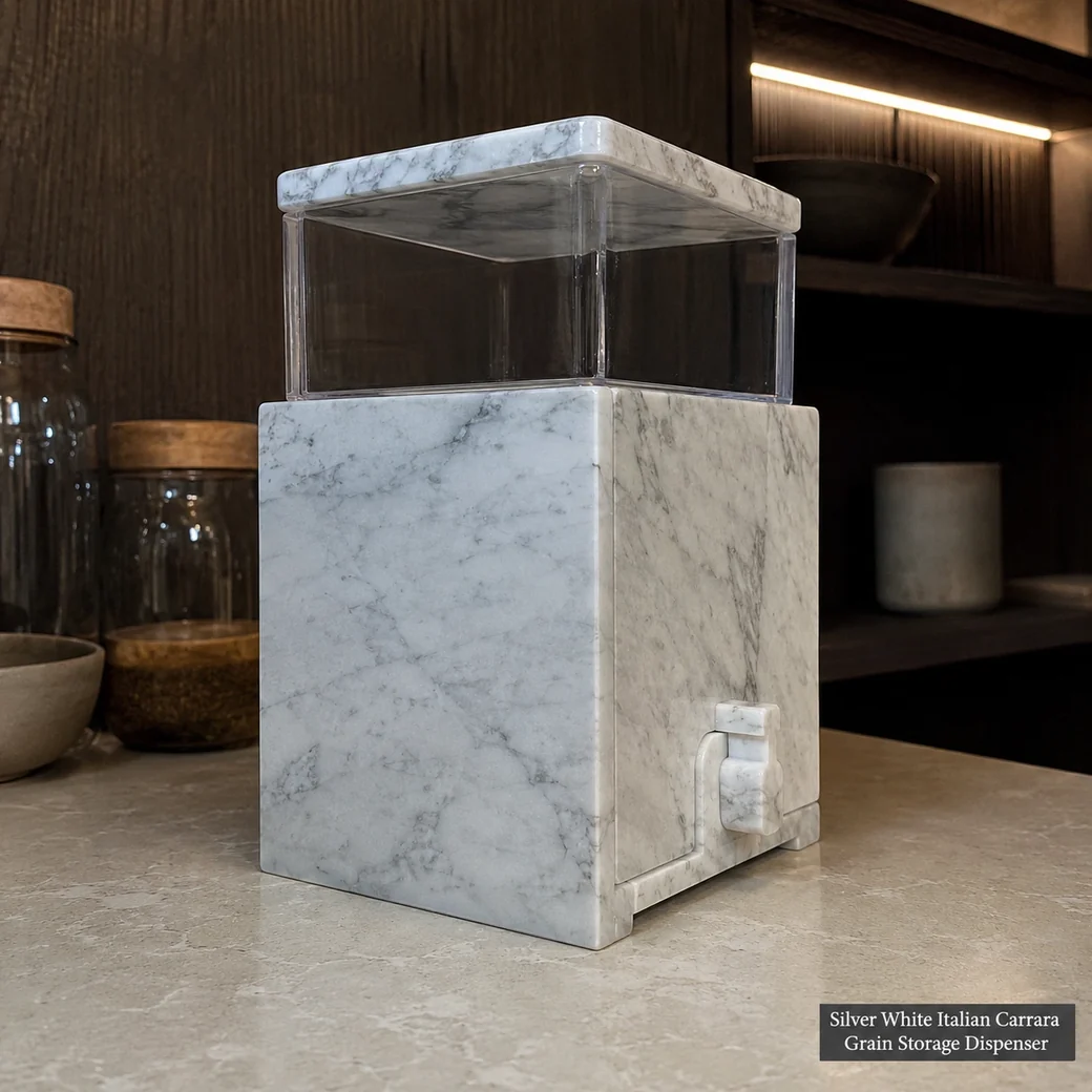 Silver white Carrara grain dispenser in a dark oak pantry, low rear view showing polished side and lid