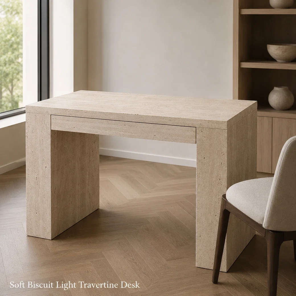 Light travertine desk in soft biscuit beige with honed finish and subtle cream banding