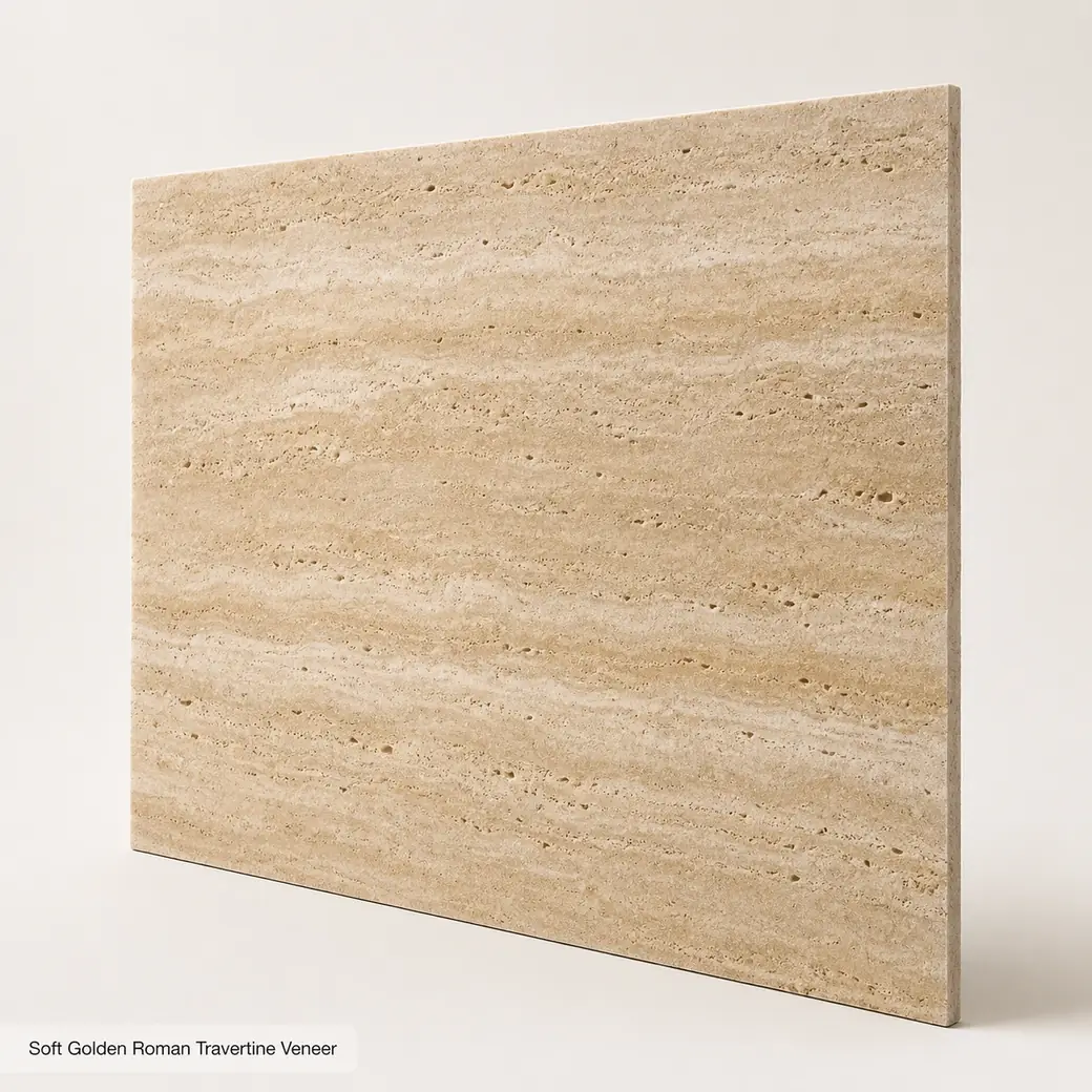 Soft golden Roman travertine veneer with brushed finish and fine cream striations