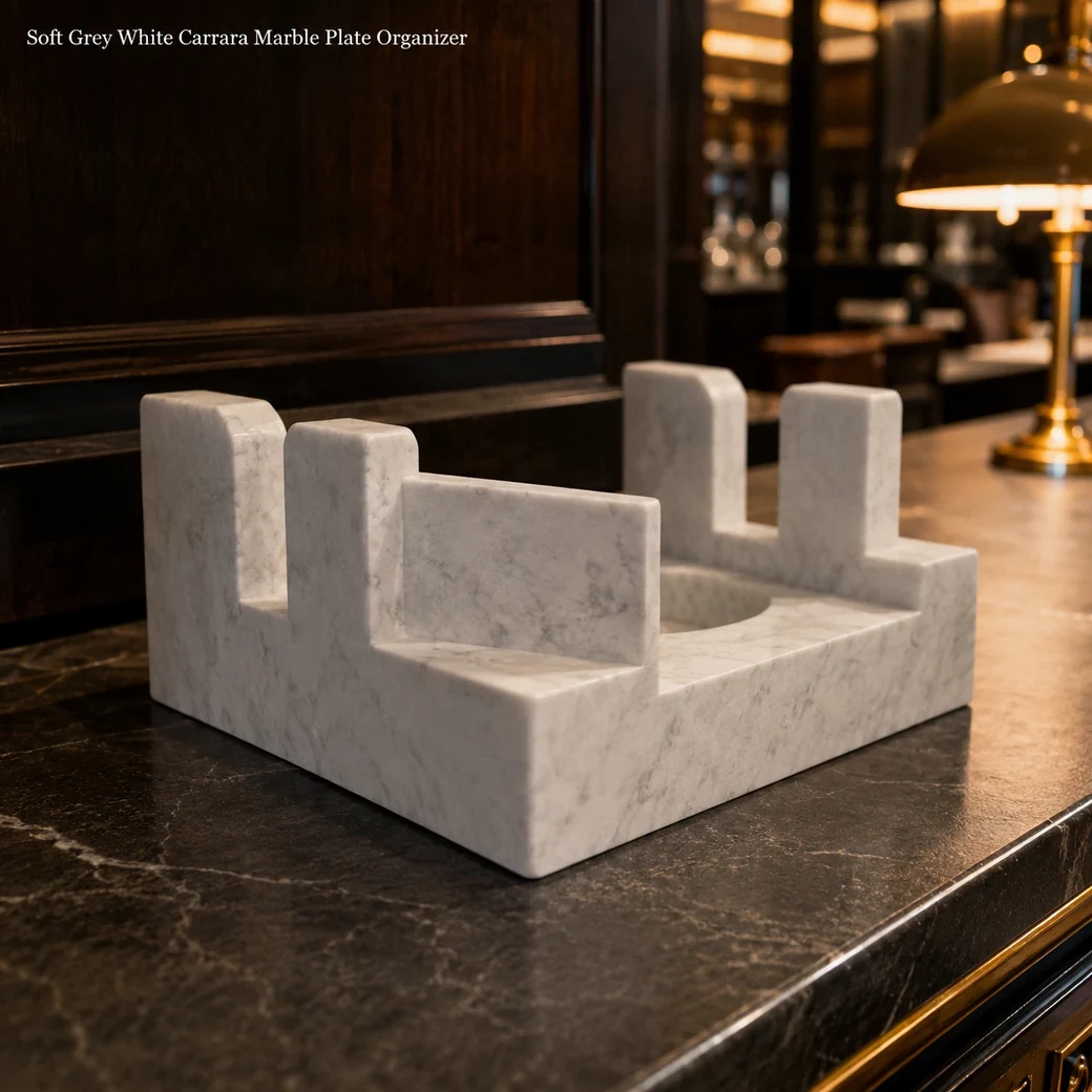 Soft grey Carrara plate organizer on a restaurant counter, low rear view showing empty guides and recess