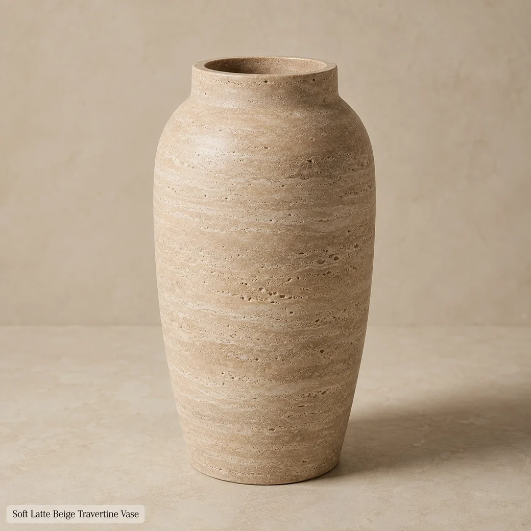 Soft latte beige travertine vase with honed finish and natural horizontal bands