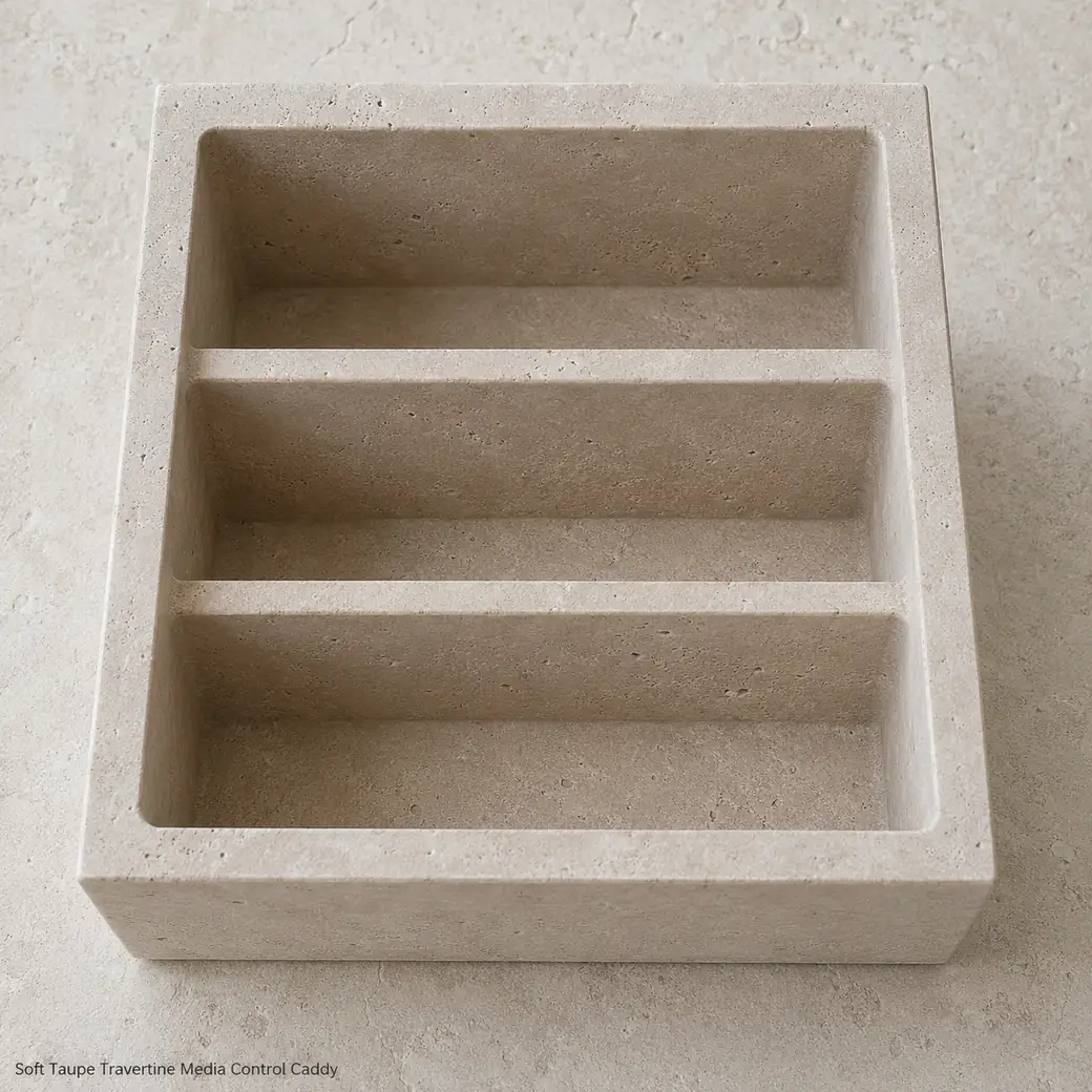 Taupe travertine remote caddy on limestone, overhead view revealing three empty compartments and thick dividers.