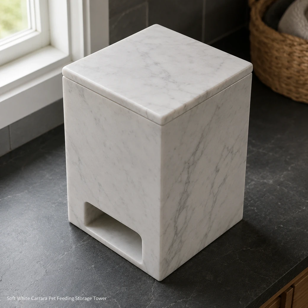 Italian white Carrara pet food dispenser on dark slate, high rear view showing lid, hopper body and lower outlet.