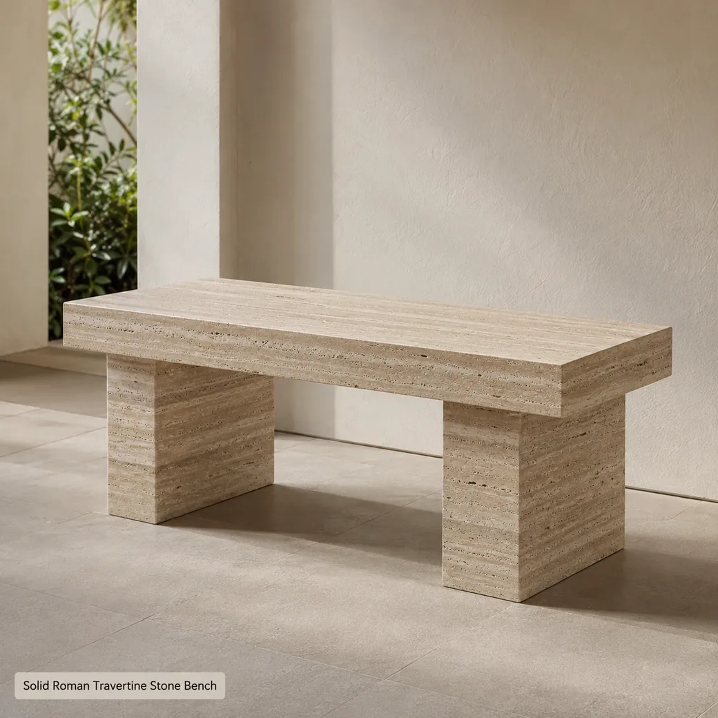 Solid Roman travertine bench in warm stone beige with cream veins and brushed finish