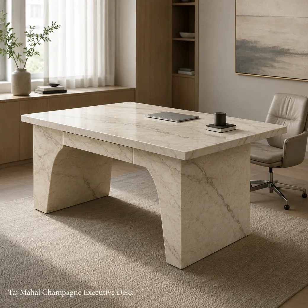 Taj Mahal quartzite executive desk in champagne cream with subtle grey veining and satin leathered finish.