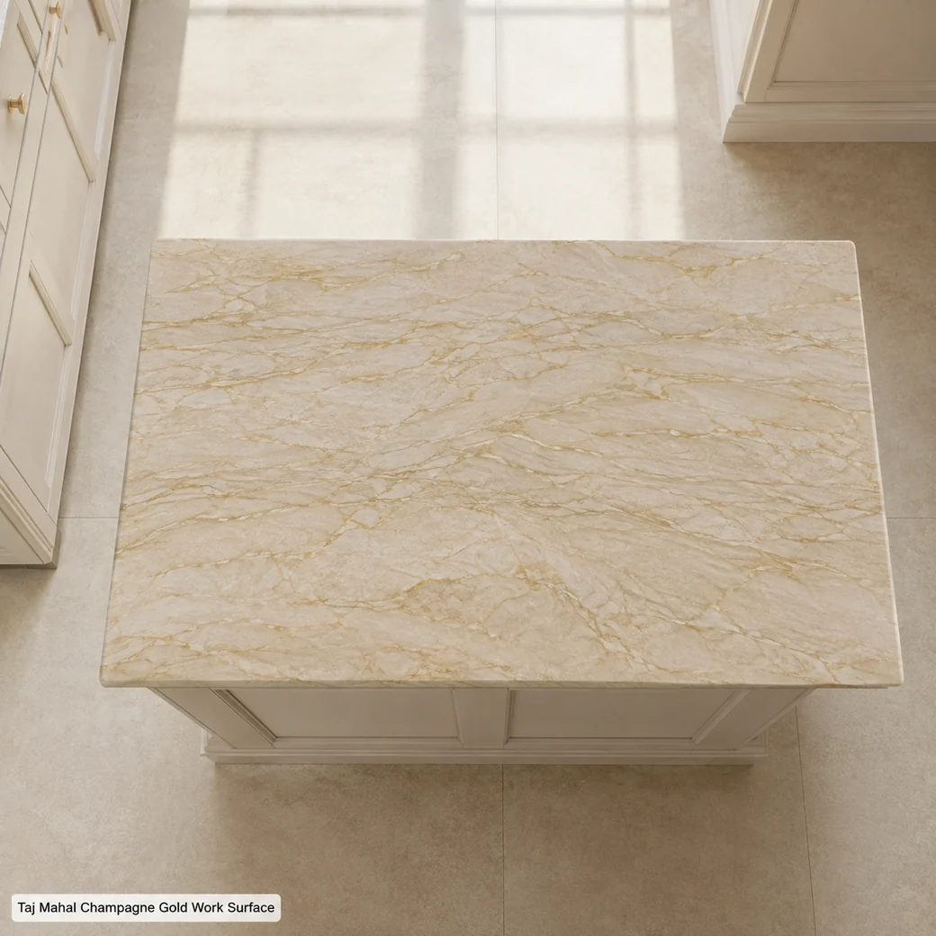 Overhead Taj Mahal quartzite island top with flowing warm gold movement across polished light beige stone.
