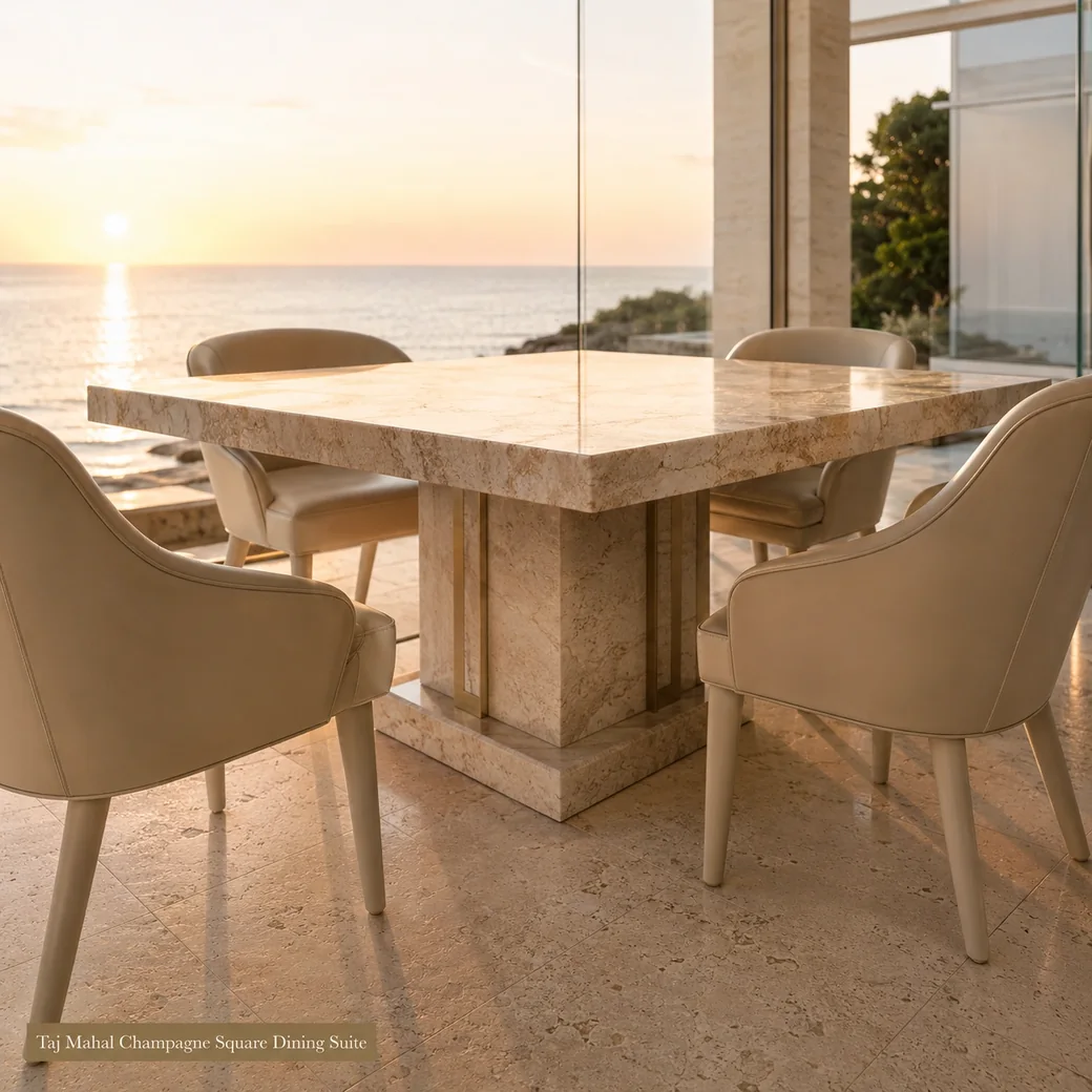 Low-corner Taj Mahal quartzite dining set in a coastal pavilion with leathered cream-gold stone.