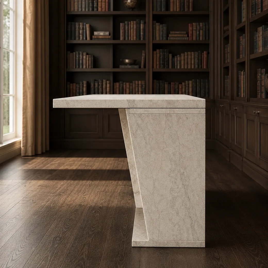 Side-profile Taj Mahal quartzite desk in a private library with champagne cream leathered stone.