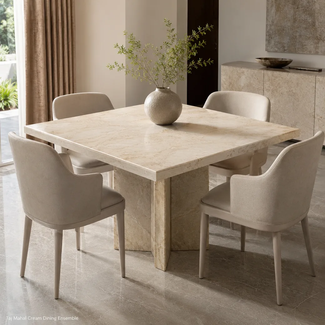 Taj Mahal quartzite dining set in warm cream beige with soft golden veining and four coordinated chairs.