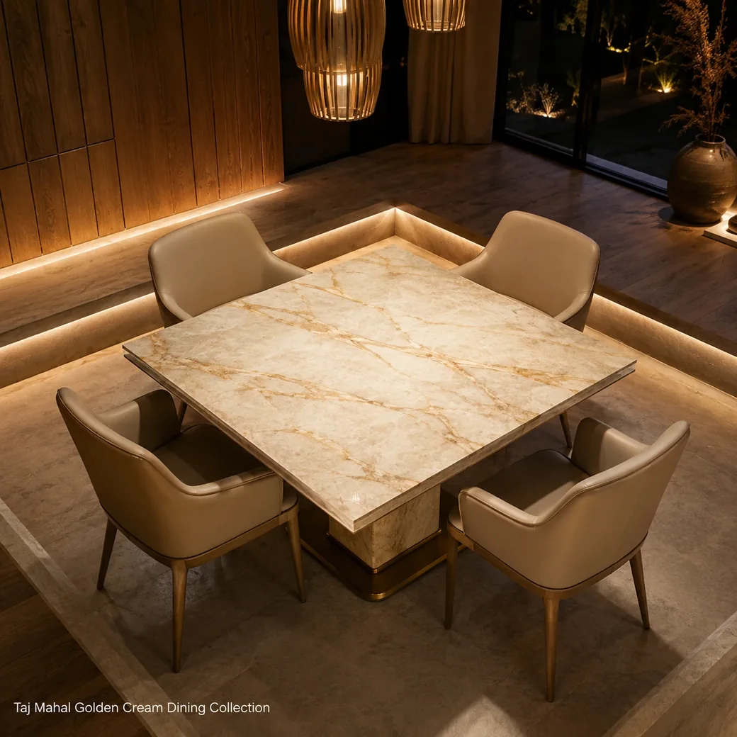 Taj Mahal dining ensemble viewed from above in a warm oak dining space with four luxury chairs.