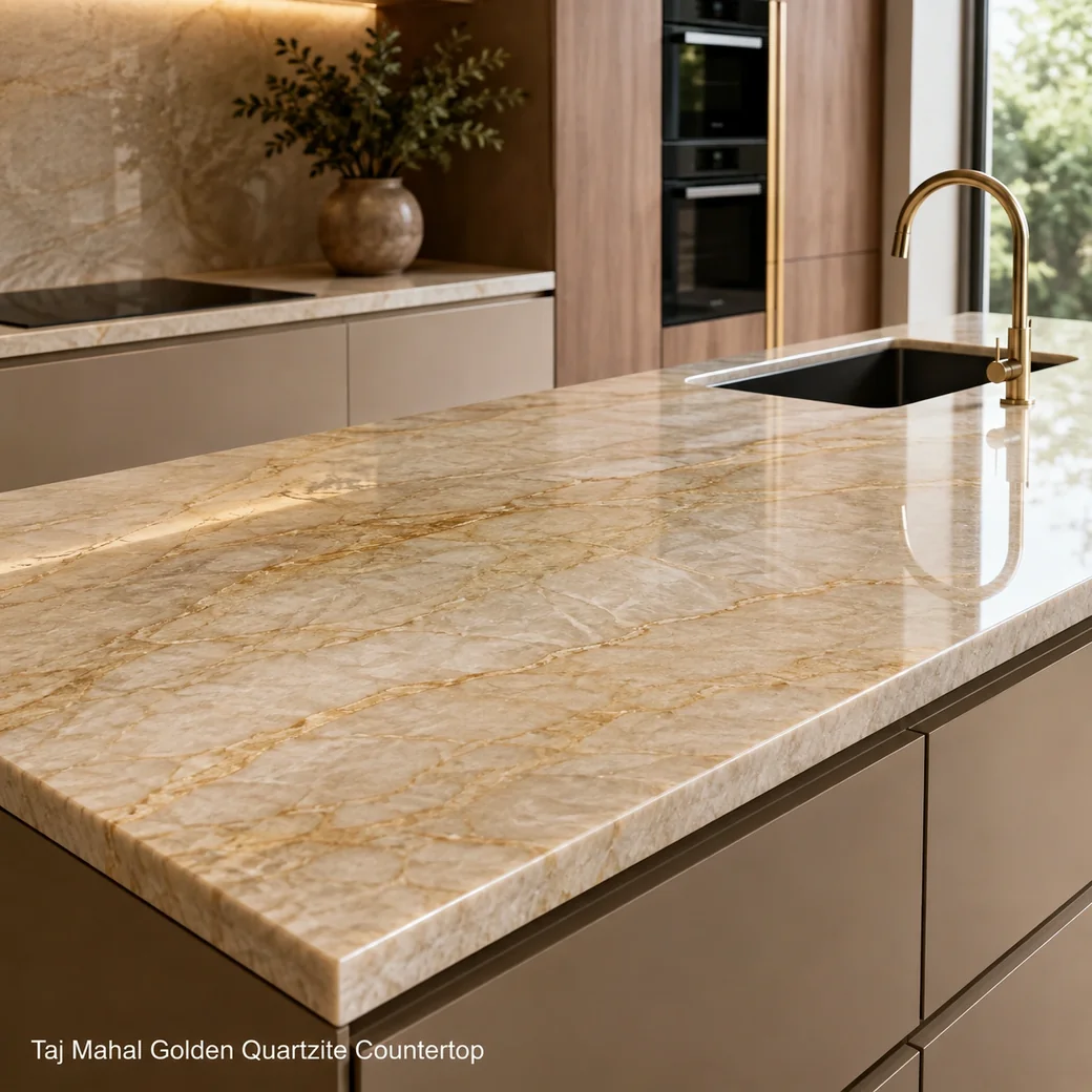 Taj Mahal quartzite countertop in light beige with warm golden movement and polished high-lustre finish.