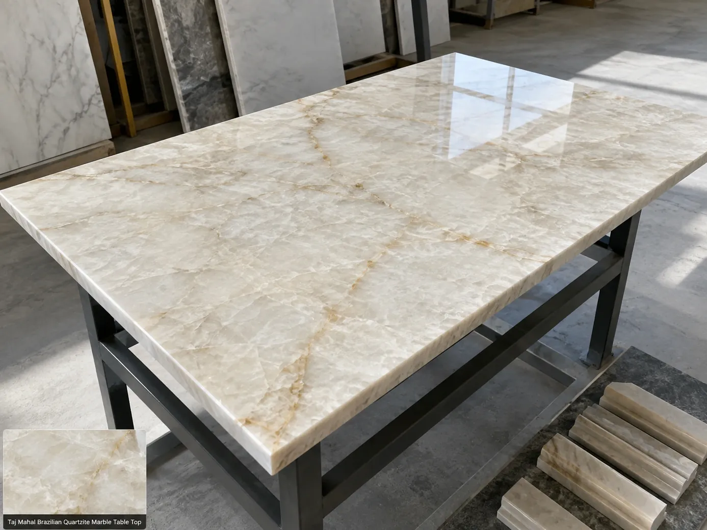 Polished Taj Mahal quartzite table top on fabrication supports showing precise edges and golden veining.