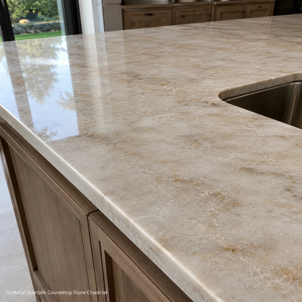 High-lustre Taj Mahal quartzite countertop with light beige stone and warm golden mineral movement