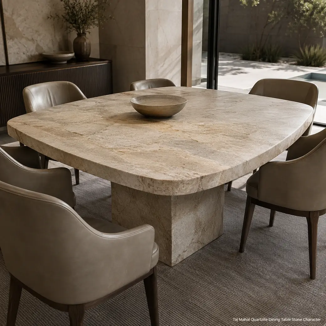 Leather-finished Taj Mahal quartzite dining table with warm cream tones and soft golden mineral movement