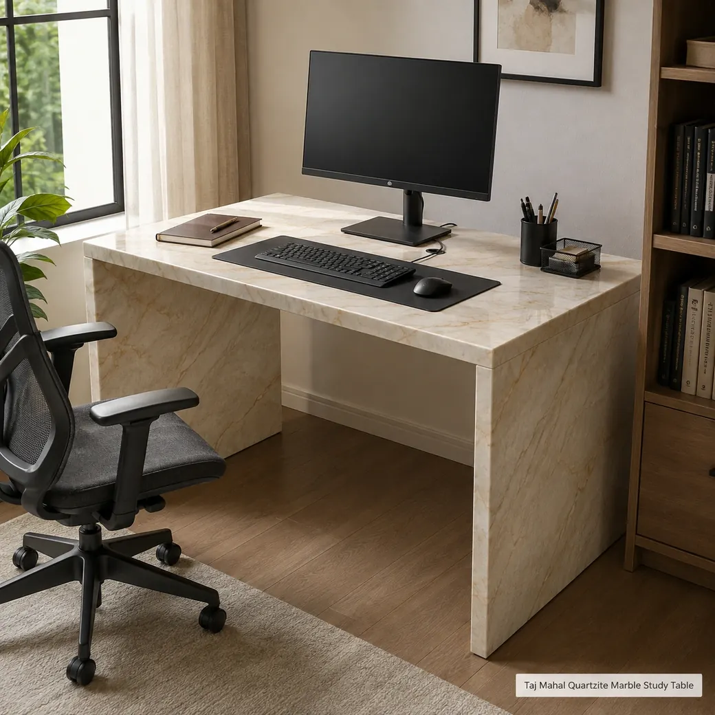 Honed Taj Mahal quartzite study table with monitor, keyboard and notebook arranged for comfortable work.