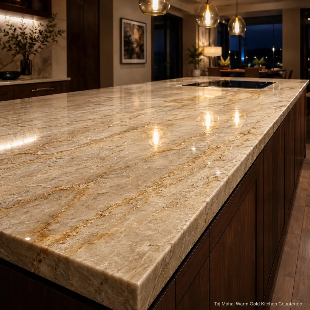 Lengthwise Taj Mahal kitchen counter above walnut cabinetry with highlighted edge depth and golden movement.