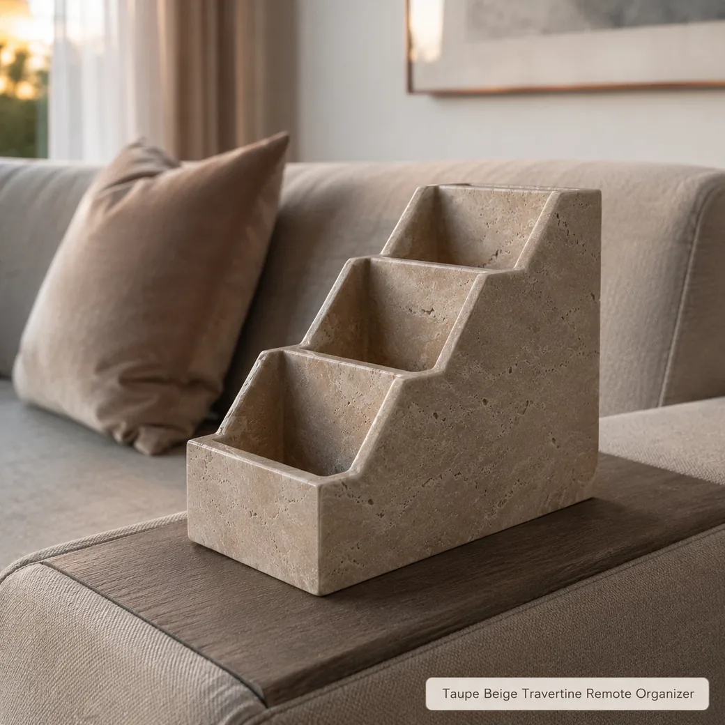 Taupe beige travertine remote organizer on sofa console, low front view showing three empty stepped compartments.
