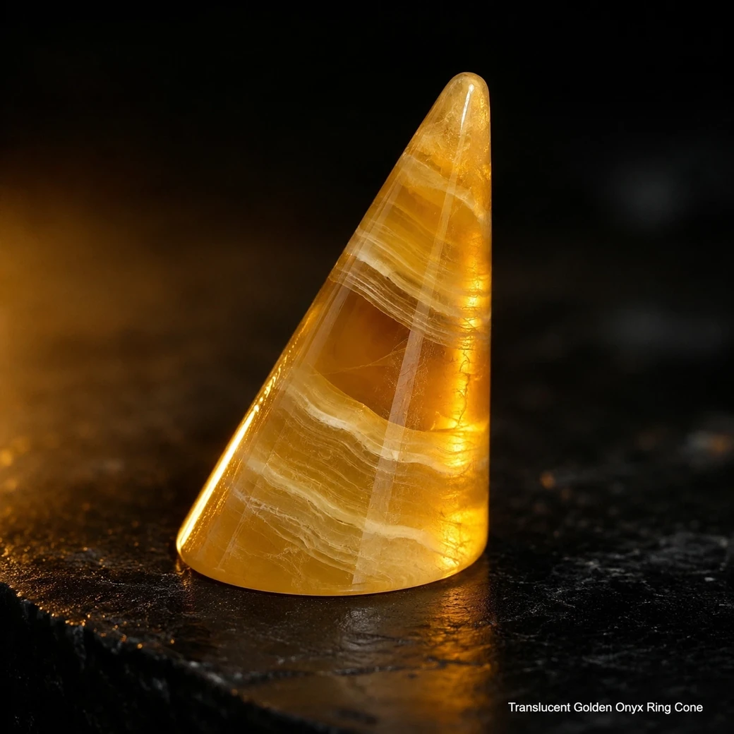 Golden honey onyx ring cone on black stone plinth, extreme low view glowing with amber translucency and cream bands.