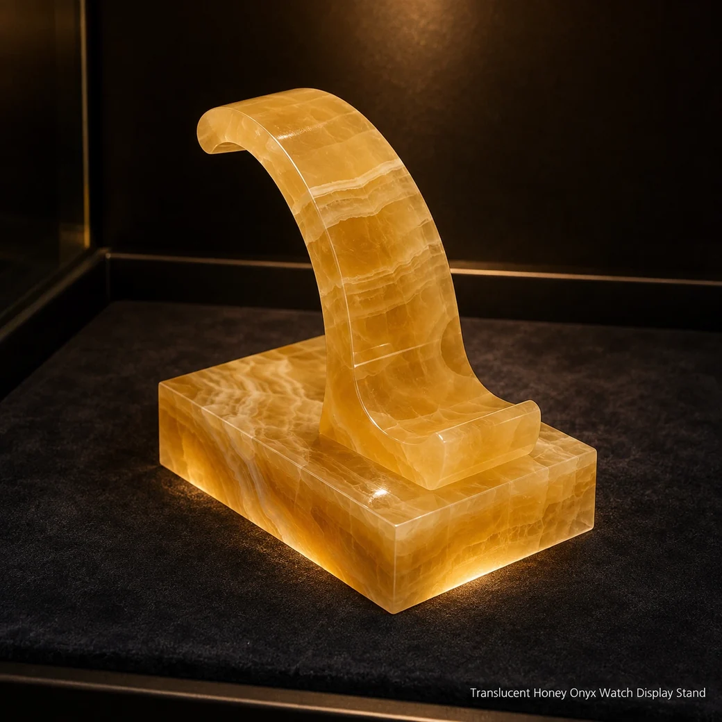 Translucent honey onyx watch stand on charcoal velvet, side-rear view glowing under warm jewellery showcase light.