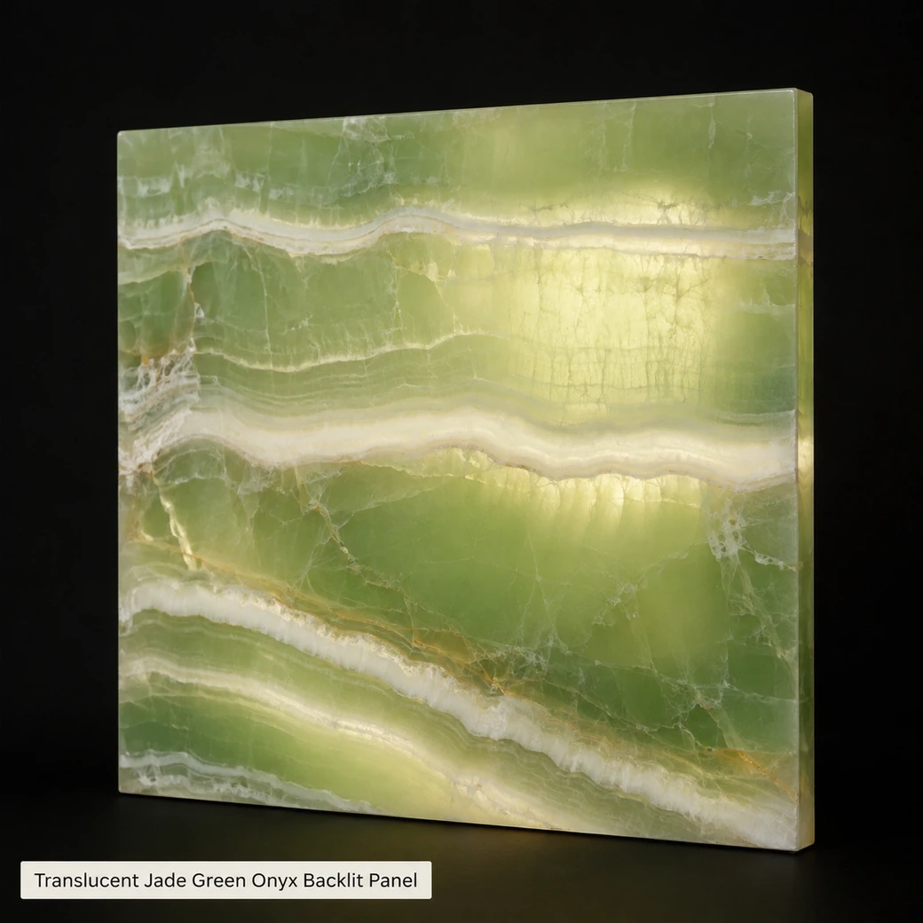 Translucent jade green onyx backlit panel with natural white mineral bands