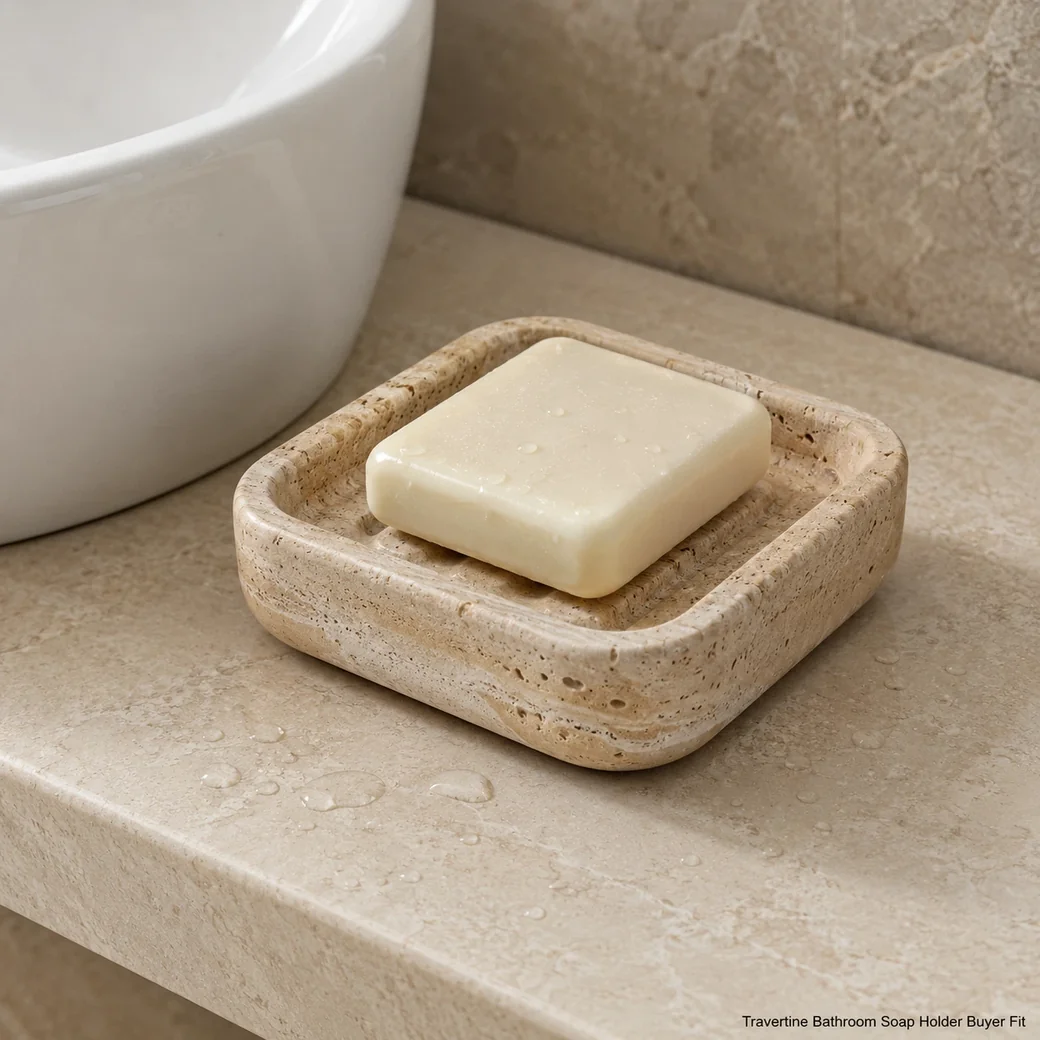 Use the 25 × 15 cm Calacatta Viola tray as a perfume or jewelry organizer on a vanity, a bathroom catchall for dry accessories, or a decorative surface for candles and small objects. It can also present drinks or food only when the finished stone and any treatment are specifically confirmed as food-contact suitable; decorative suitability alone should not be treated as food-service approval.