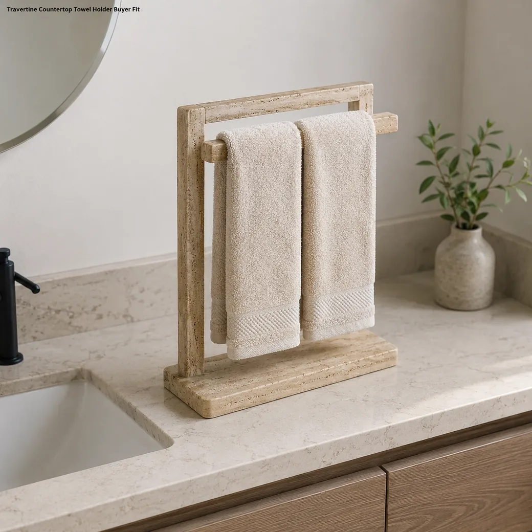 Sanded-honed Italian Travertine towel holder sized for countertop use with warm natural-beige stone