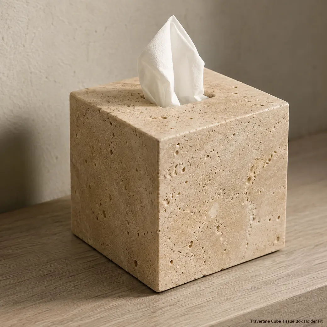 Matte-filled Travertine tissue box holder showing cube fit in muted honey-beige natural stone