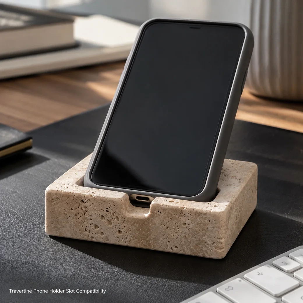 Satin-brushed Travertine phone holder showing device slot fit in dense warm-beige natural stone