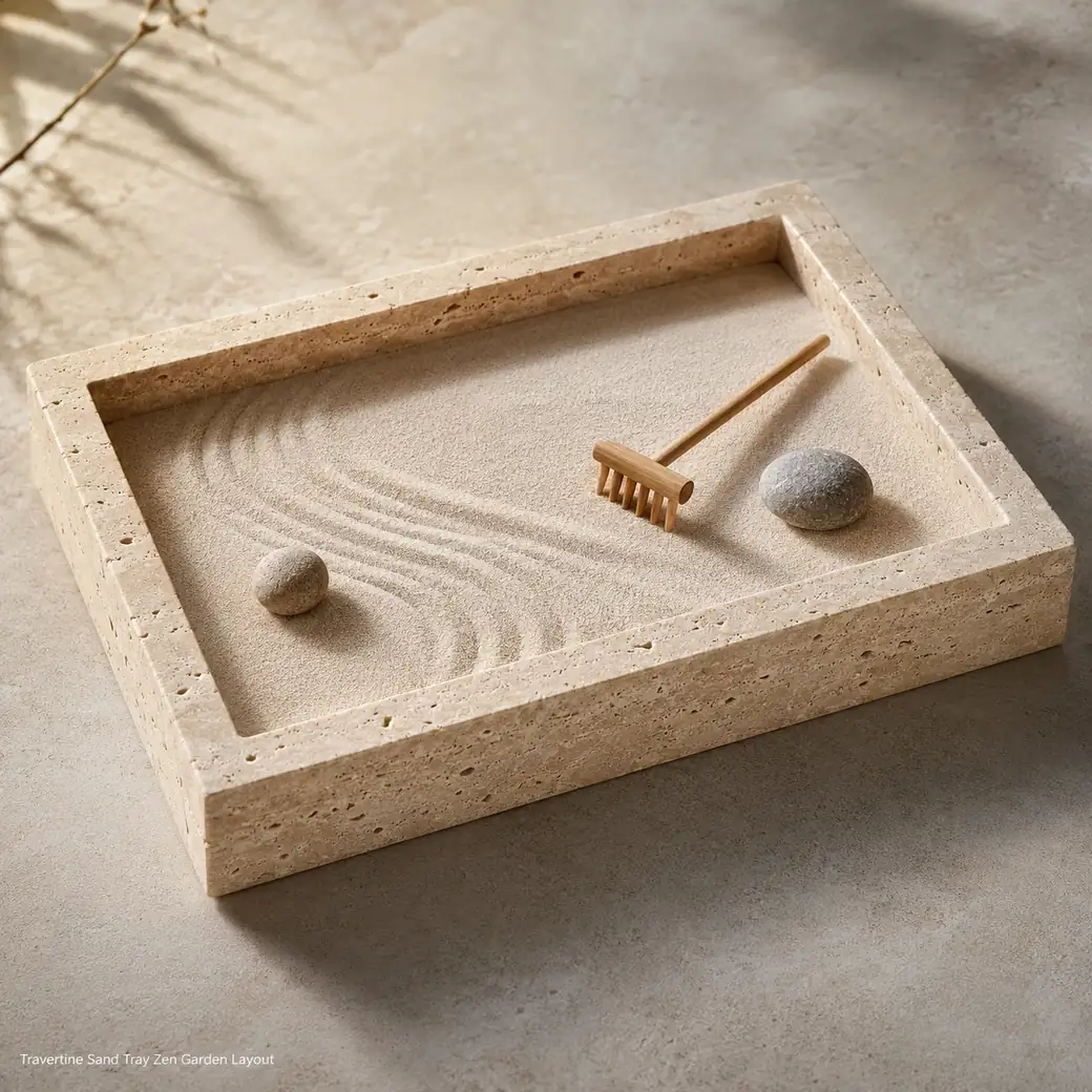 Brushed Italian Travertine sand tray arranged as a Zen garden with champagne-beige stone texture