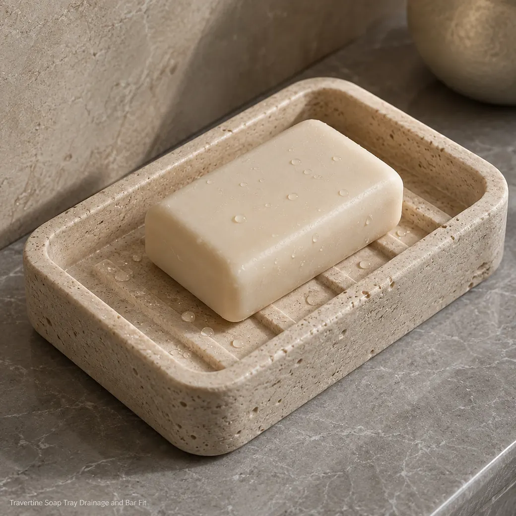 Filled satin Travertine soap tray showing bar fit, drainage detail and soft almond-beige stone