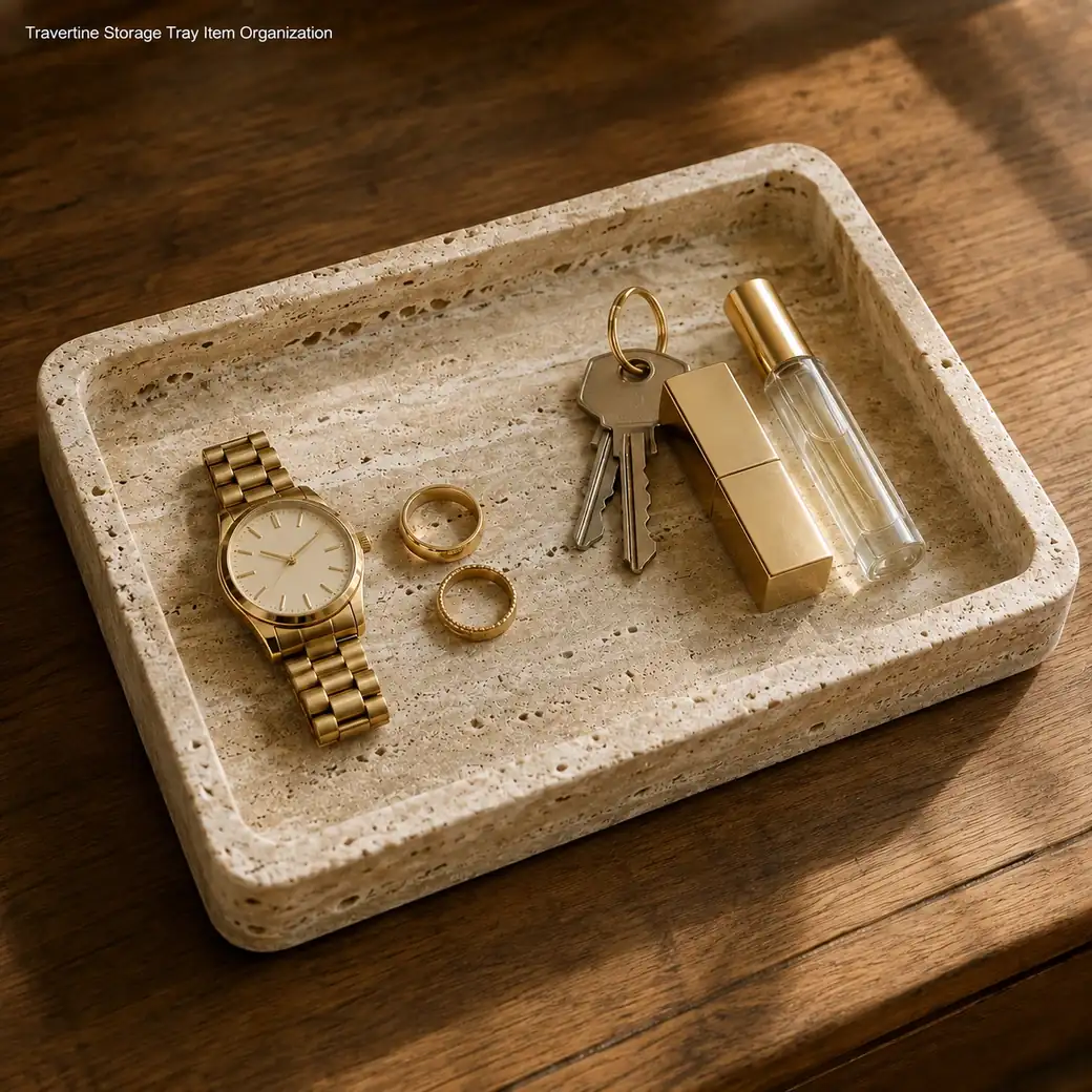 Antiqued Italian Travertine storage tray organizing small items on beige stone with cream striations