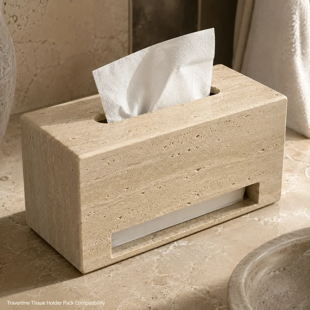 Fine-brushed Travertine tissue holder sized to a tissue pack with light sandstone-beige stone
