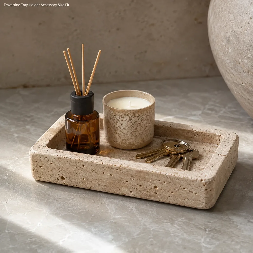 Textured Italian Travertine tray holder sized for small accessories with warm oat-beige stone