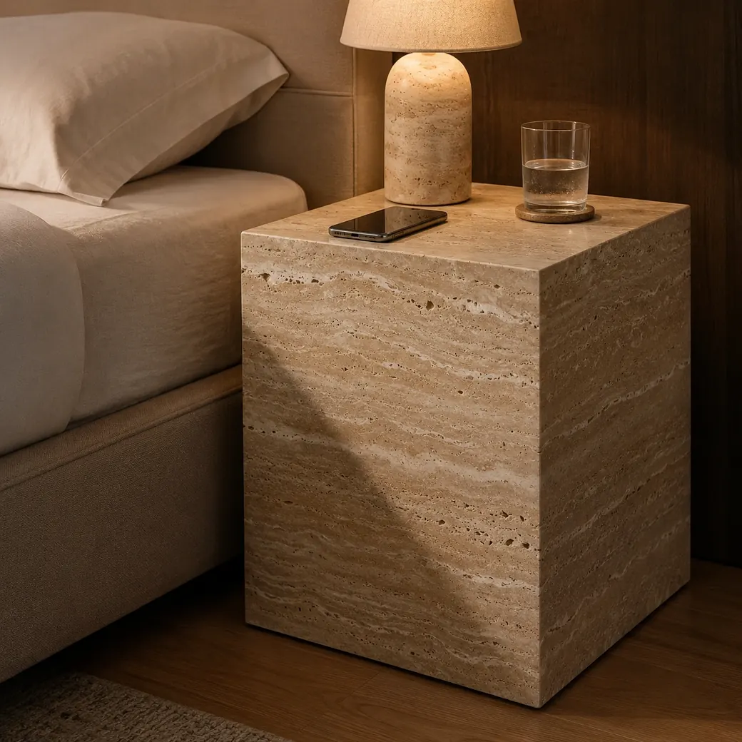 Honed Travertino Romano bedside table aligned near mattress height with lamp, phone and coastered water glass.