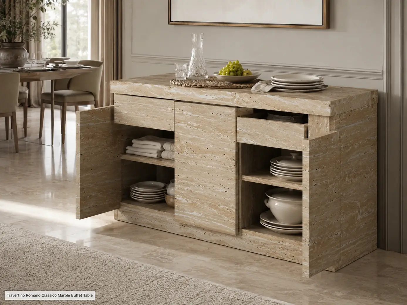 Honed Travertino Romano buffet table with storage cabinetry, serving dishes and a protected stone top.