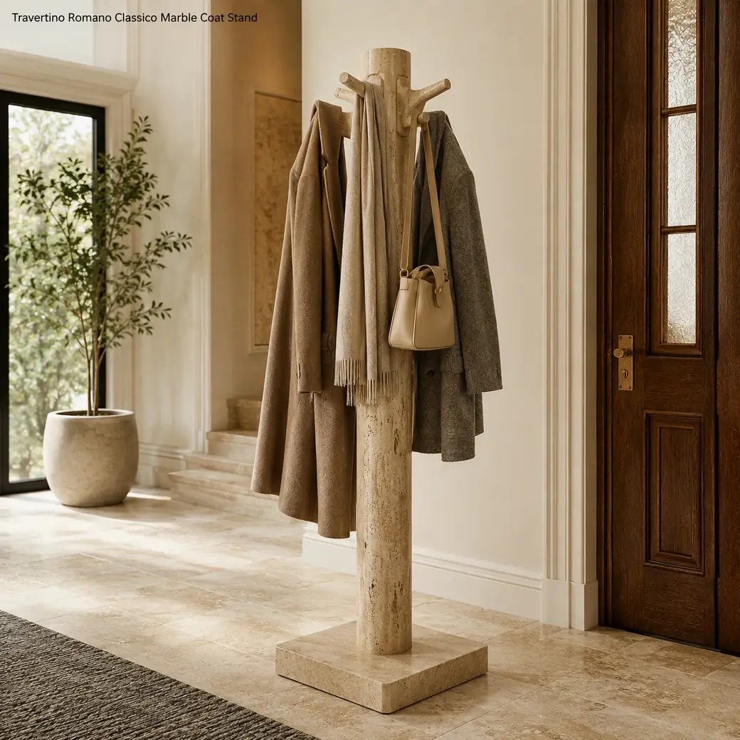 Honed Travertino Romano coat stand with coats, scarf and handbag balanced around a broad stone base.