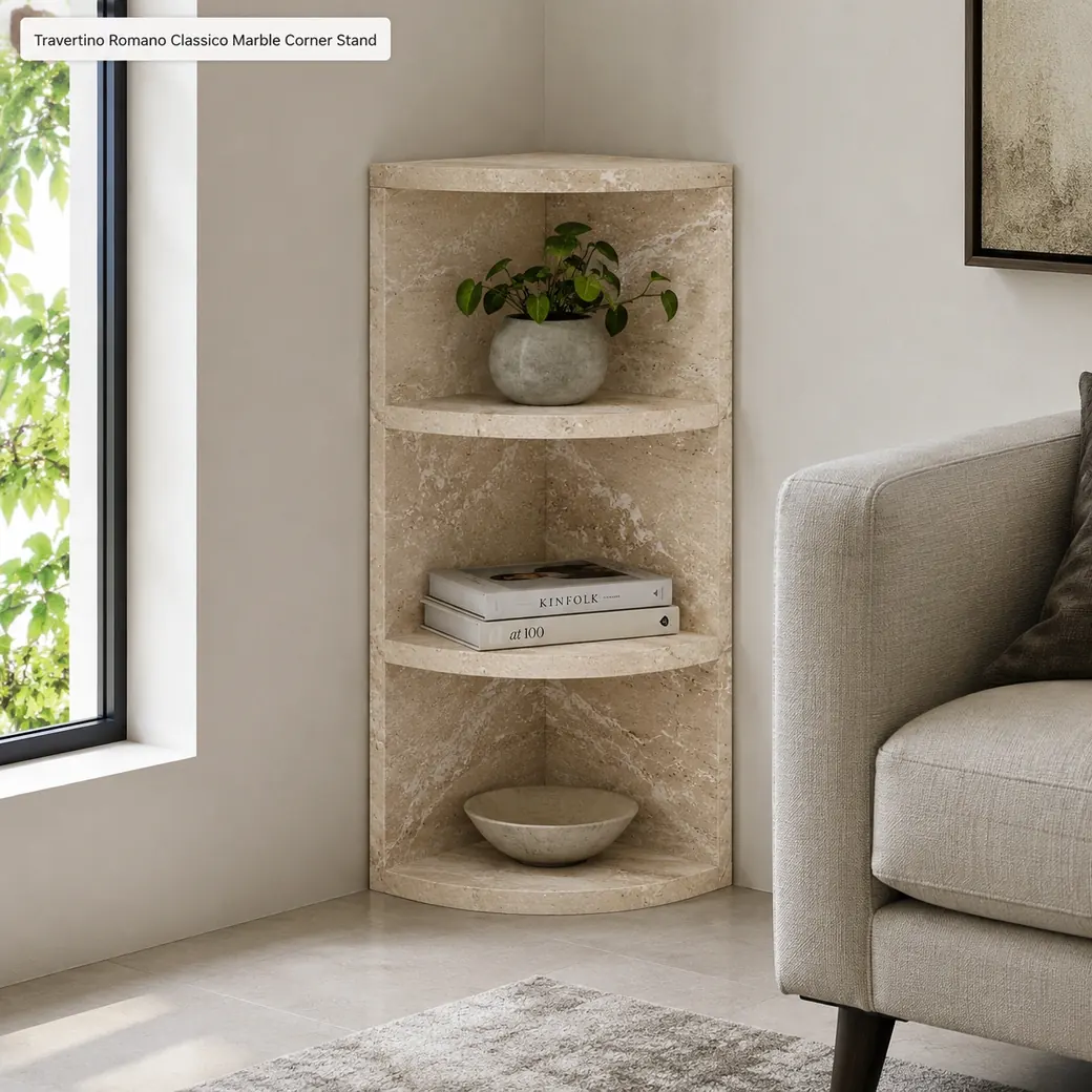 Honed Travertino Romano corner stand with tiered shelves fitted neatly into a 90-degree living-room corner.