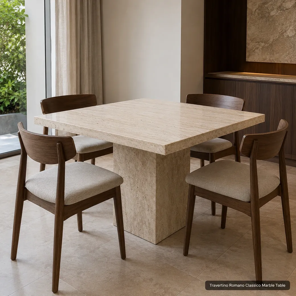 Honed Travertino Romano dining table with four chairs arranged for comfortable legroom and circulation.