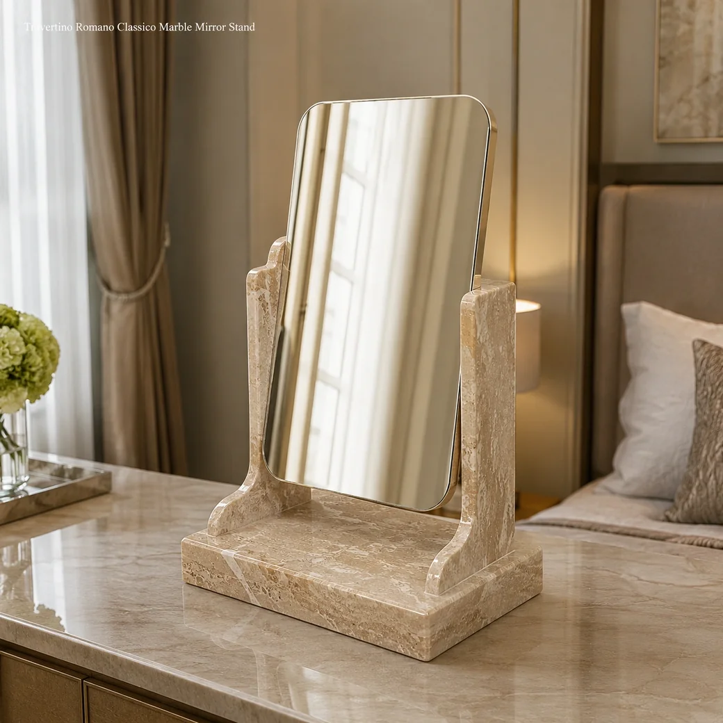 Polished vein-cut Travertino Romano mirror stand supporting a balanced vanity mirror in a dressing room.