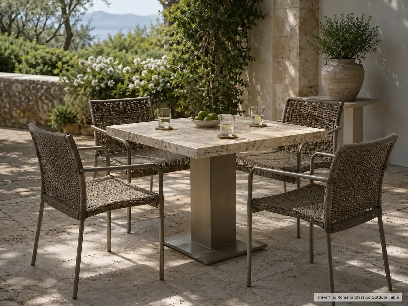 Brushed Travertino Romano outdoor table with four chairs and coastered drinks on a shaded terrace.
