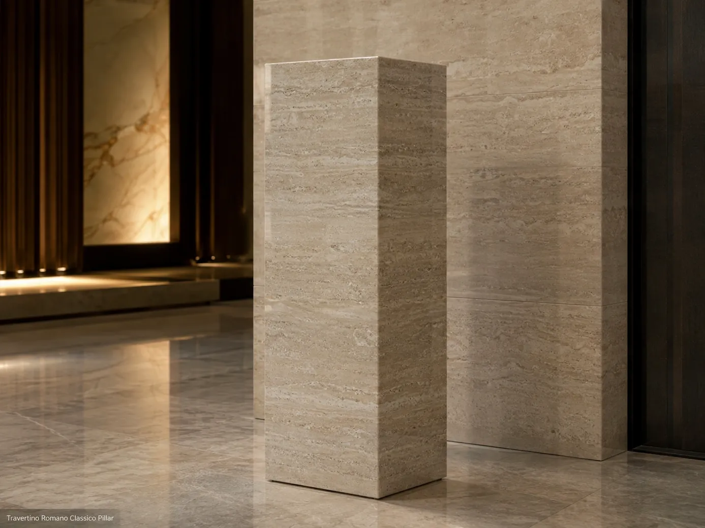 Polished Travertino Romano pillar standing as a square architectural stone column in a refined lobby.