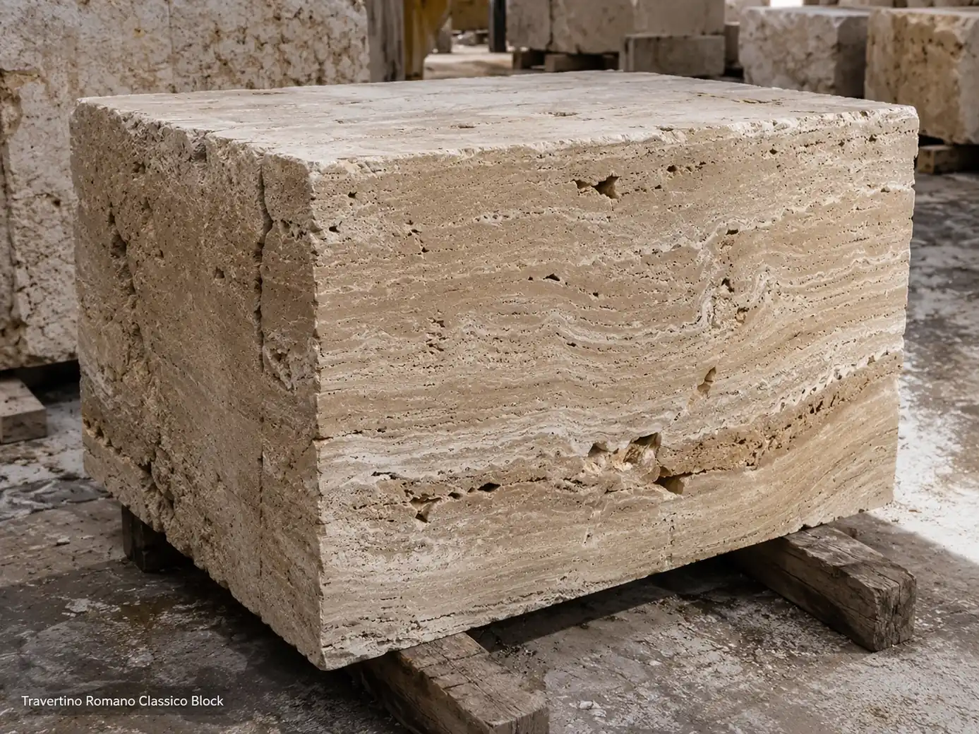 Raw Travertino Romano block on timber supports showing sawn texture, ivory bands, pores and natural fissures