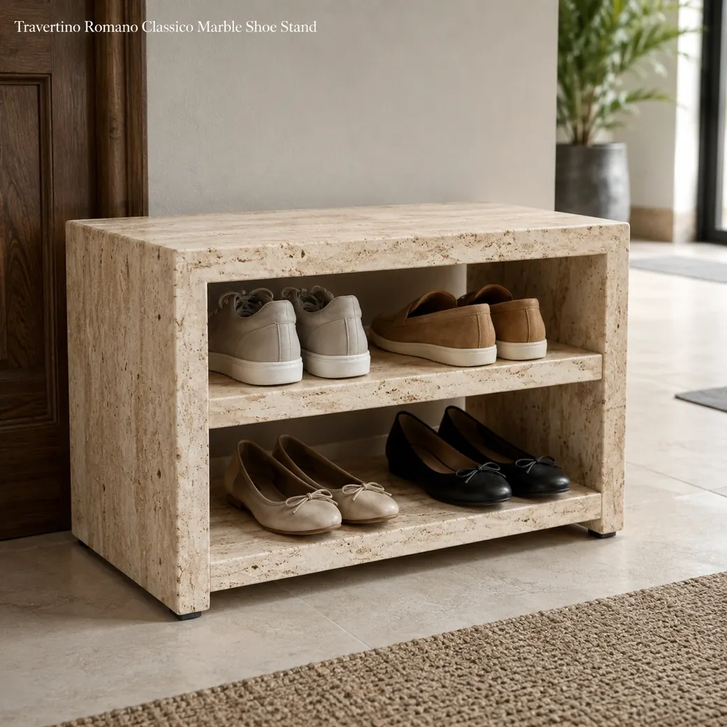Brushed Travertino Romano shoe stand with two tiers holding trainers and flats in a refined entryway.